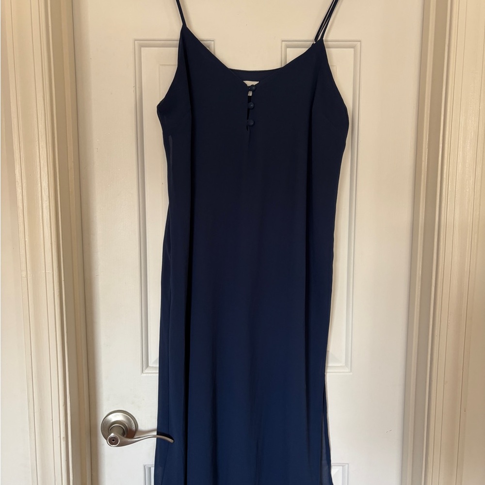 Elegant Navy Blue Spaghetti Strap Dress with Side Slit